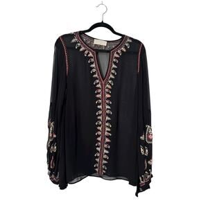 Love Sam Top Size L Black Sheer Boho Bell Sleeve Floral Embroidery Whimsigoth